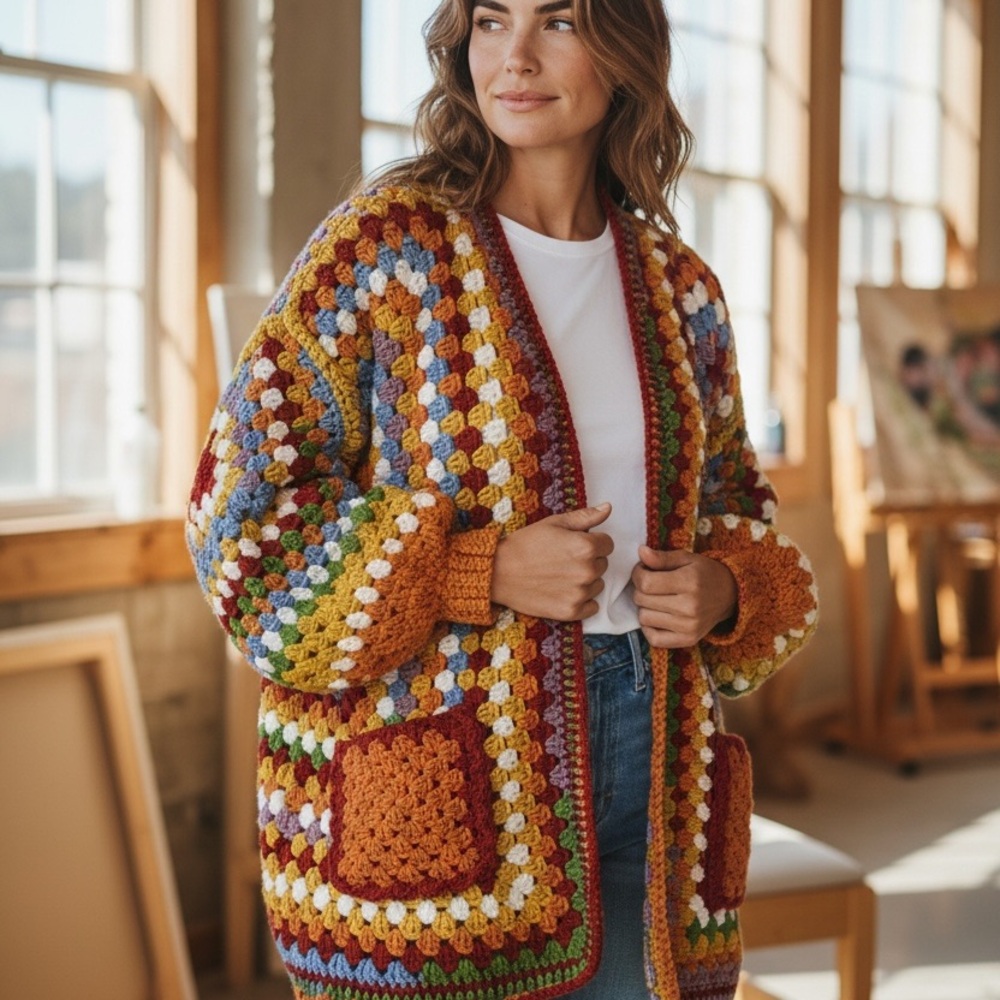 Handmade Rainbow Colored Crochet Cardigan Sweater - Size L/XL